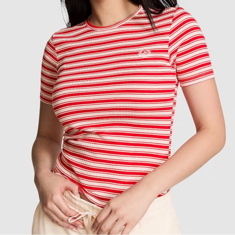 VICTORIA SECRET PINK Fitted rib-knit tee Red Pepper Stripe color size L NWT - Picture 6 of 11